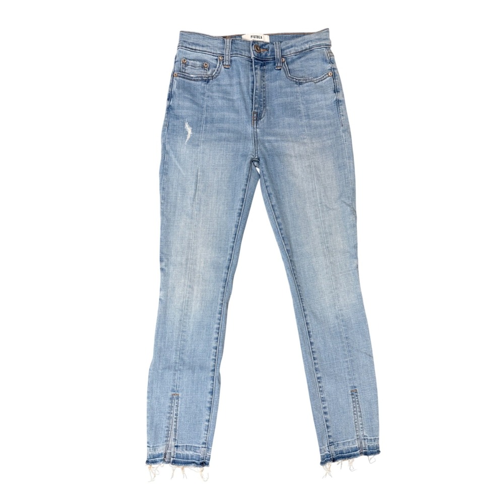 Pistola High Rise Skinny Jeans Light Wash Front Seam Raw Hem Slit Size 26